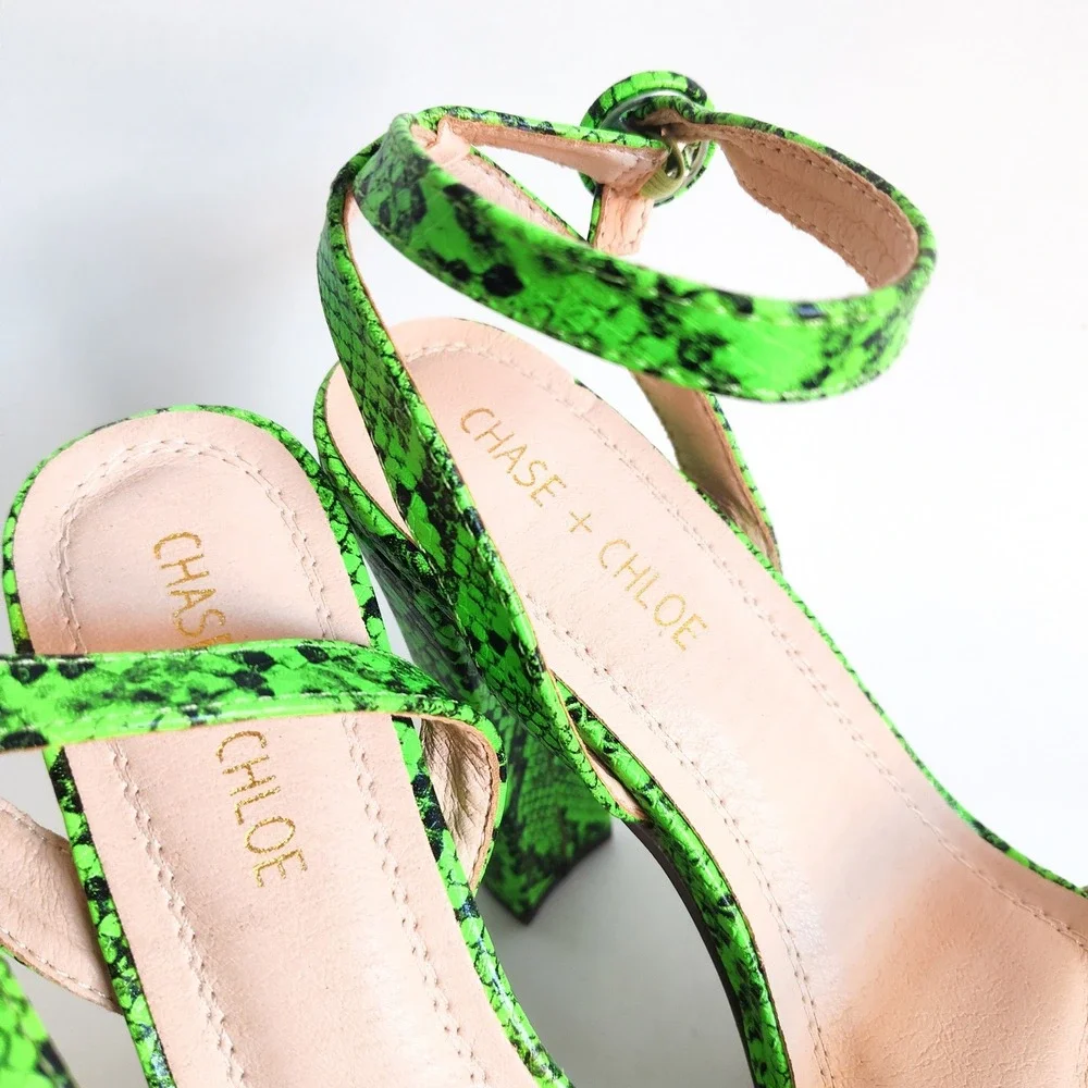Chase‎ + Chloe Platform Sandals 7.5 Neon Green Snakeskin Ankle Strap Block Heel